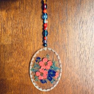 Poppies Blue Flowers Glass Vtg Sun Catcher & Beaded Strand Hanging Window Decor
